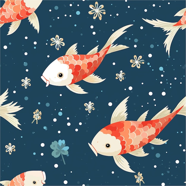 Cute koi fish on blue background with snowflakes