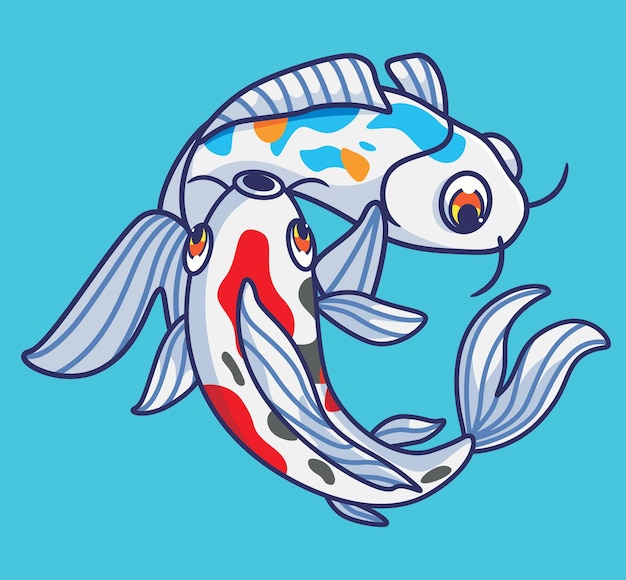 귀여운 잉어 물고기 절연 만화 동물 그림 평면 스타일 스티커 아이콘 디자인 프리미엄 로고