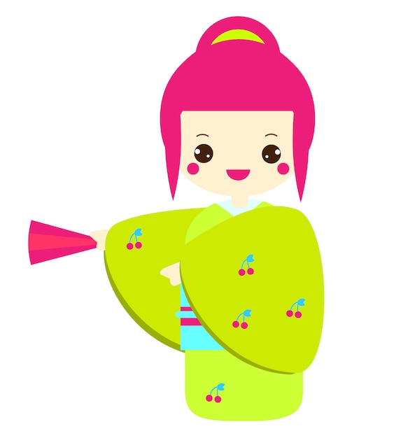 Vector cute kokeshi in colorful kimono. traditional japanese doll holding tan