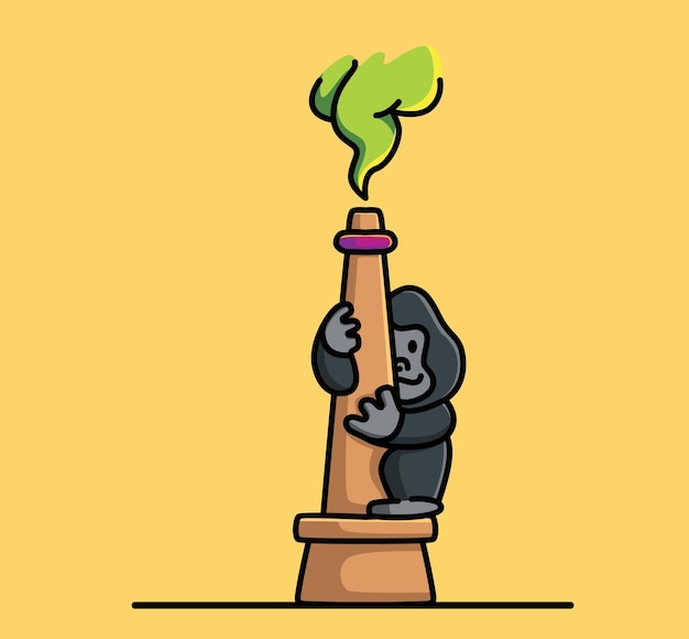 Vector cute kong gorilla climbing on tower factory animal cartoon isolated flat style sticker web design icon illustration premium vector logo mascot character
