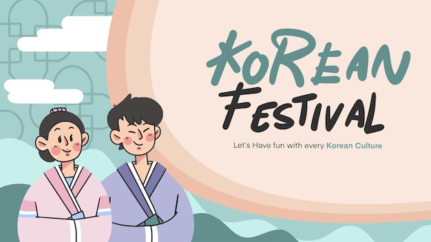 Cute korean couple greeting banner doodle illustration