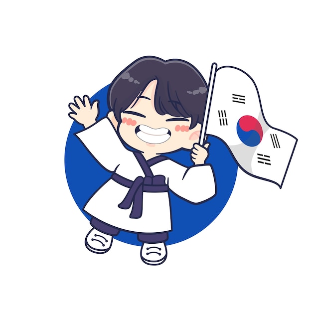 Милые корейцы держат флаг Южной Кореи в честь Дня независимости Южной Кореи