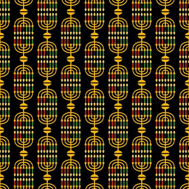 Cute kwanzaa seamless pattern with seven kinara candles in traditional african colors black red green on black vector kwanzaa holiday background design