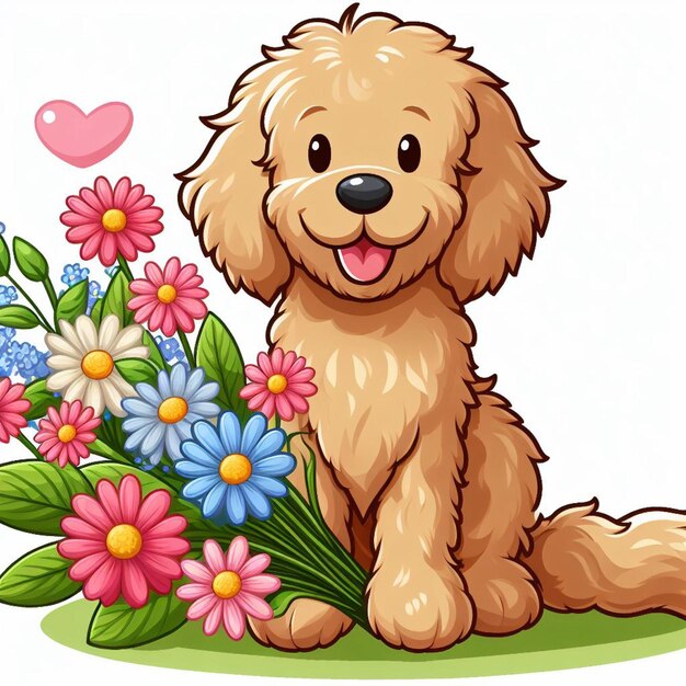 Vector cute labradoodle dog and flowers vector cartoon illustration