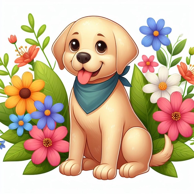 Vector cute labrador retriever dog and flowers vector cartoon illustration