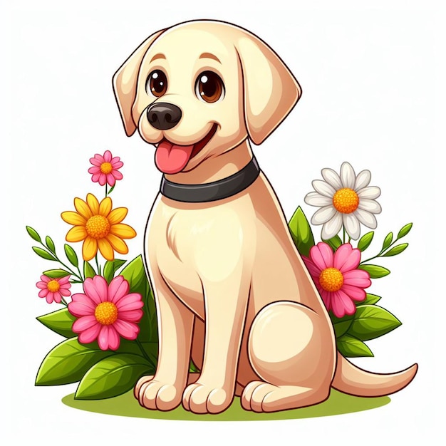 Cute Labrador Retriever Dog and Flowers Vector Cartoon illustration