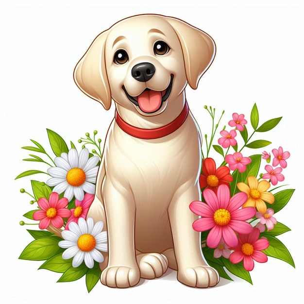 Cute Labrador Retriever Dog and Flowers Vector Cartoon illustration