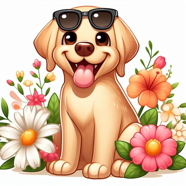 Vector cute labrador retriever dog and flowers vector cartoon illustration