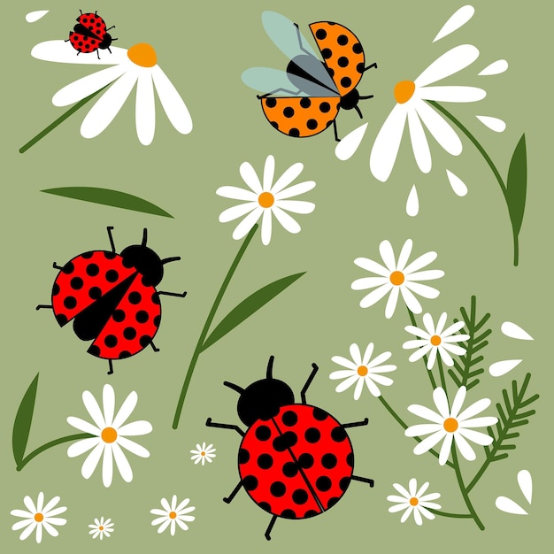 Vector cute lady bugs with colourful flowers spring summer illustration