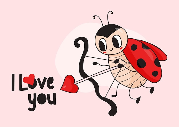 Cute ladybug amur funny winged insect ladybird with with bow and arrow heart i love you