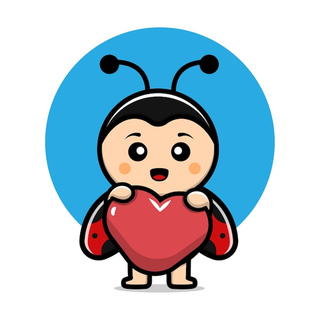 cute ladybug holding a heart vector cartoon illustration
