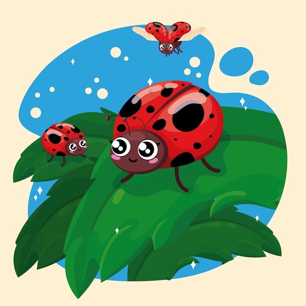 Vector cute ladybug insects on leaves vector illustration