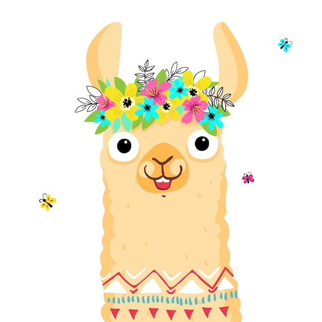 Симпатичный персонаж ламы, венок из цветов на голове, улыбающаяся альпака. hola иллюстрации