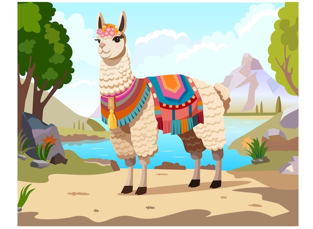 Vector cute lama of landscape