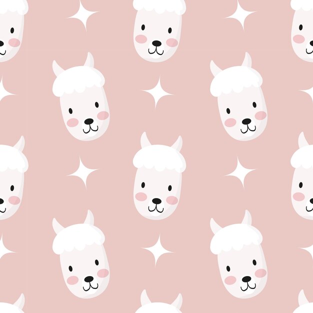 Modello senza cuciture lama carino, muso animale, testa di alpaca. illustrazione vettoriale dei cartoni animati. sfondo bambino