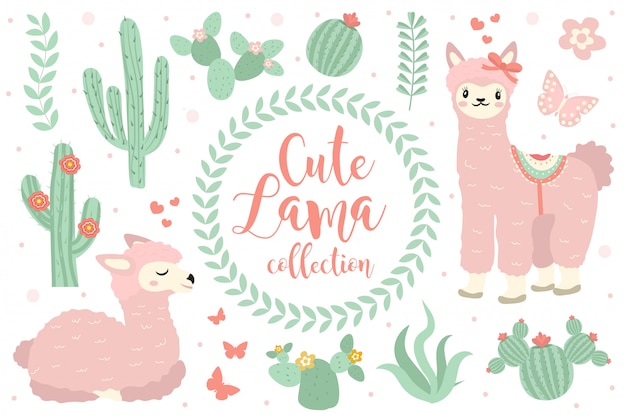 Simpatico set di oggetti lama. collezione di elementi di design con lama, cactus, bellissimi fiori. isolato su sfondo bianco. carattere della principessa alpaca. animale sorridente divertente di arte di clip del bambino dei bambini.