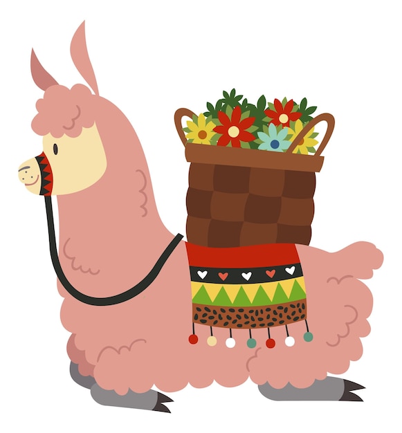Cute lama with flowers basket Funny cartoon animal