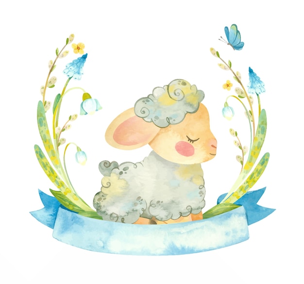 Simpatico agnello con nastro azzurro e ghirlanda di fiori. modello di biglietto di compleanno a tema pasquale o per bambini con una pecora e fiori primaverili. clipart ad acquerello per carte, poster, striscioni