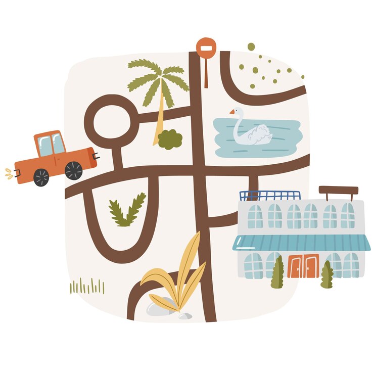 Vector cute landscape doodle map with pond, route and house, goose bird swim in river country nursery garden cartoon vector illustration, isolated on white. city path wooden pointer, hand drawn printing.