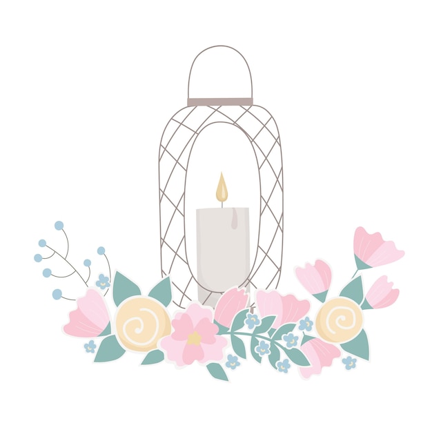 Vector cute lantern with pink flowers berries hand drawn vector illustration