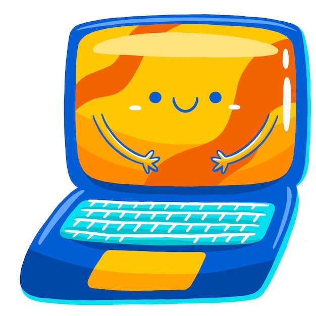 Cute laptop mascot character in flat cartoon style