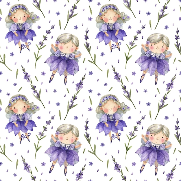 Cute lavender fairies in lilac dresses and lavender branches seamless cartoon pattern.