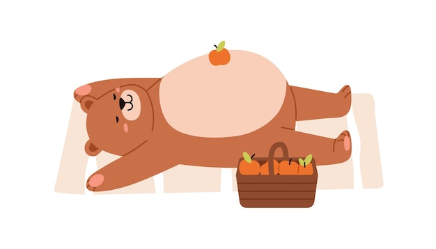 Cute lazy bear relaxing with full stuffed belly up. funny teddy animal lying after eating. happy adorable childish character. flat graphic vector illustration of glutton isolated on white background.