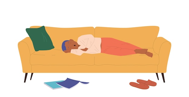 cute lazy boy child cartoon character sleeping on home sofa resting at home vector illustration