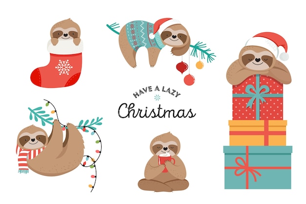 Cute lazy sloths, funny merry christmas illustrations with santa claus costumes