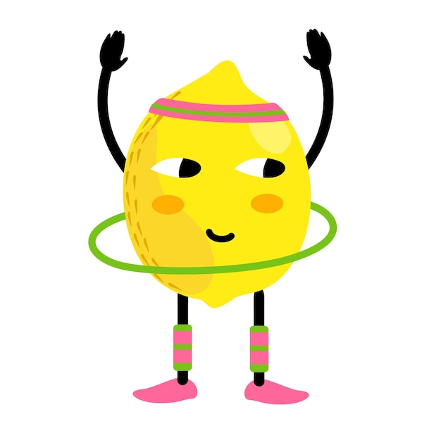 Милый лимонный мультипликационный персонаж занимается упражнениями с хула-хупом здоровое питание концепция здорового спортивного образа жизни