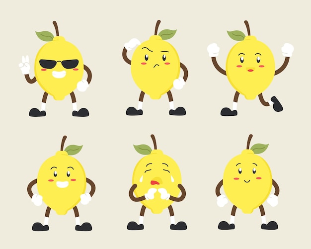 Vector cute lemon character set in multiple expressions