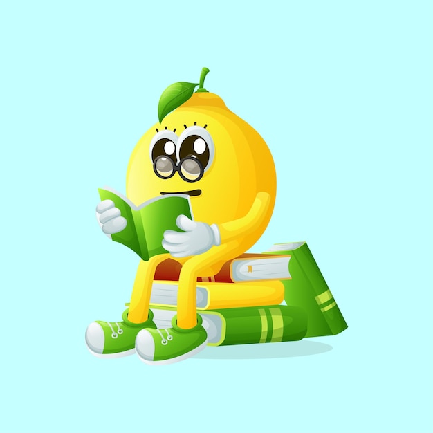 Vector cute lemon character wearing glasses and reading a book perfect for kids merchandise and sticker