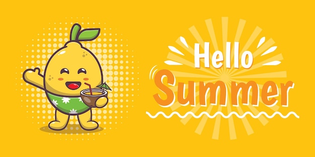 Cute lemon character with summer greeting banner