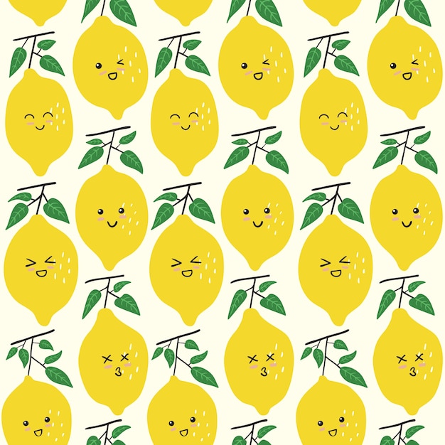 Vector cute lemon emoticon seamless pattern