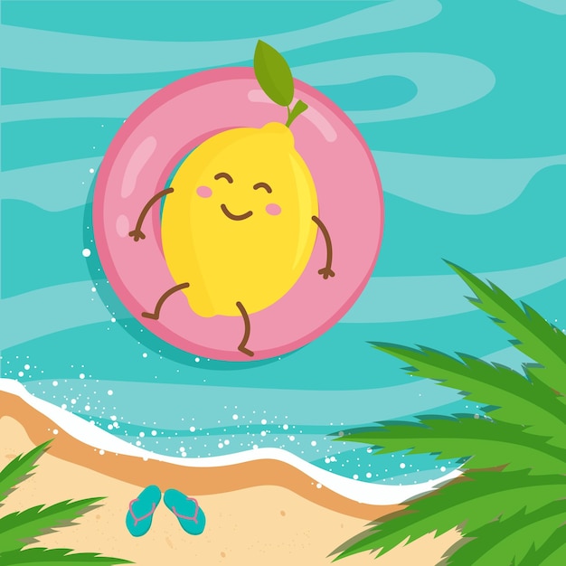 Vettore carino limone galleggiante su un cerchio estate spiaggia mare palme illustrazione vettoriale