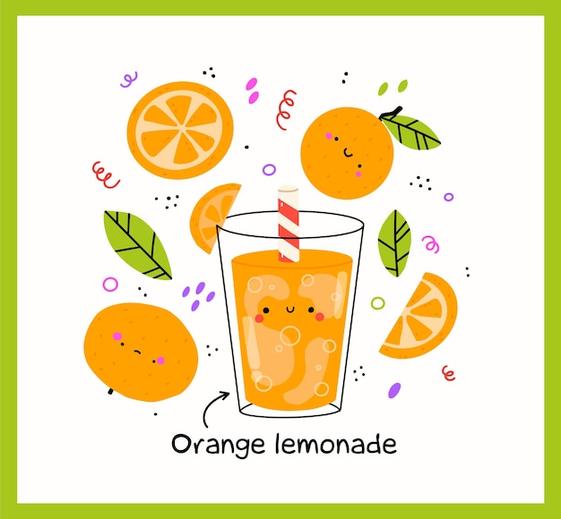 Vector cute lemon lemonade glass with cute orange. kawaii smiling lemonade.  vector cartoon character