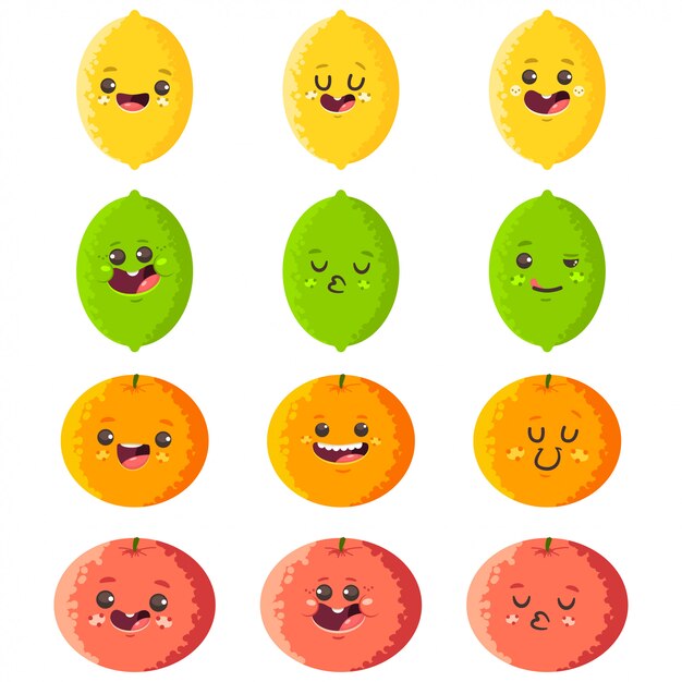 かわいいレモン、ライム、オレンジ、グレープフルーツのベクトルの漫画のキャラクターセットが分離されました。