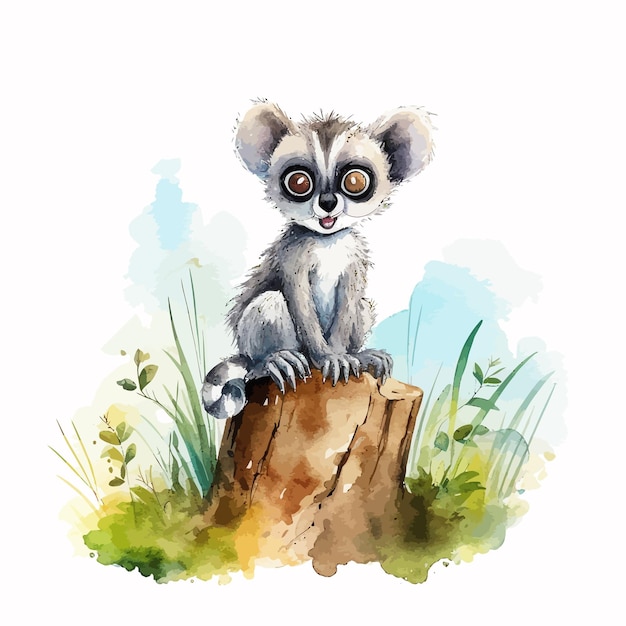 Cute lemur cartoon on stump tree with watercolor painting style