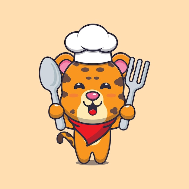 cute leopard chef mascot cartoon character holding spoon and fork