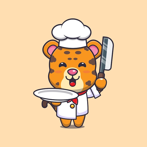 칼과 접시가 있는 귀여운 표범 요리사 마스코트 만화 캐릭터