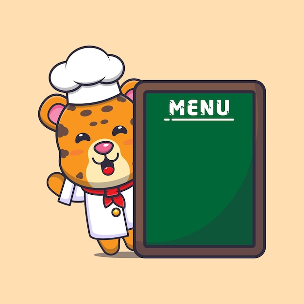 cute leopard chef mascot cartoon character with menu board