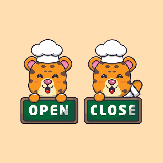 cute leopard chef mascot cartoon character with open and close board