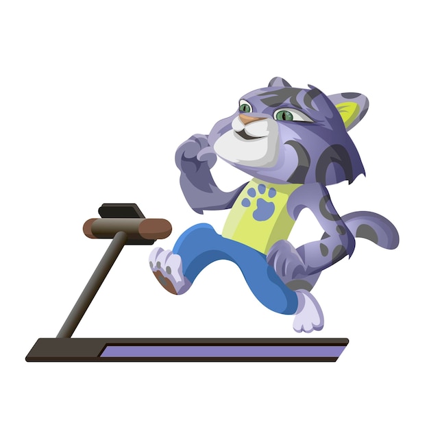 Милый леопард занимается спортом и бегинс на беговой дорожке. Иллюстрация вектора персонажа из мультфильма, изолированные на белом фоне.