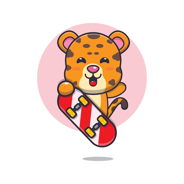 cute leopard mascot cartoon character with skateboard