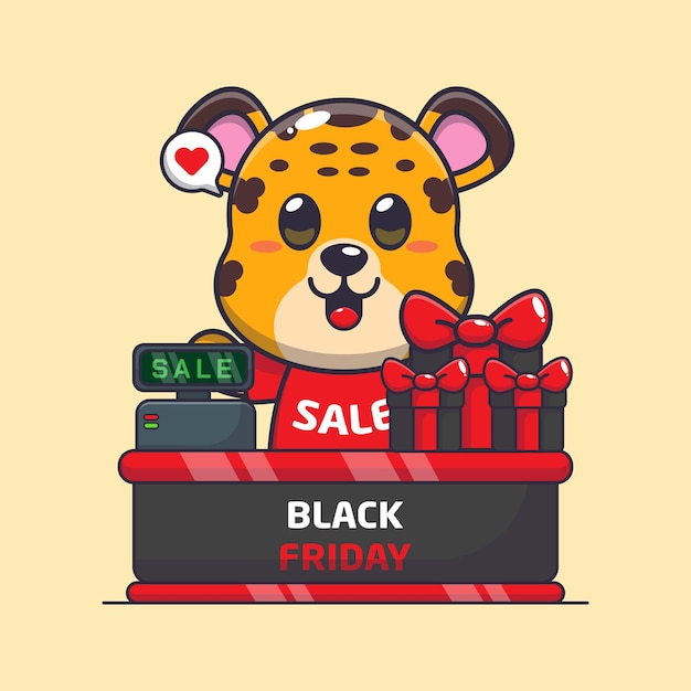 Vector cute leopard with cashier table in black friday sale cartoon vector illustration