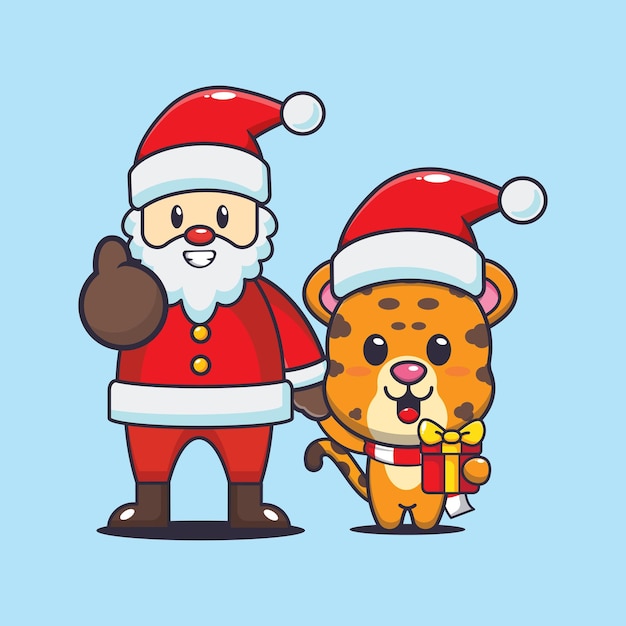 サンタ クロースとかわいいヒョウ。かわいいクリスマス漫画イラスト。