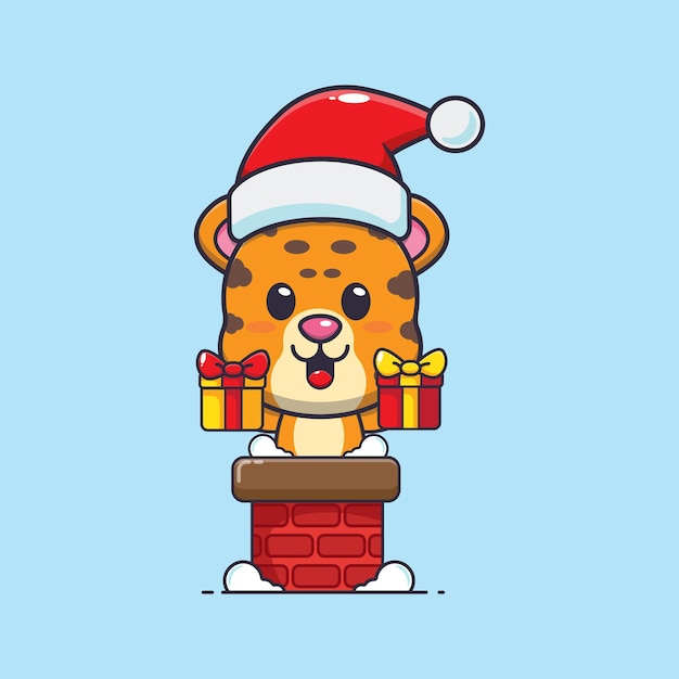 Cute leopard with santa hat in the chimney. Cute christmas cartoon illustration.