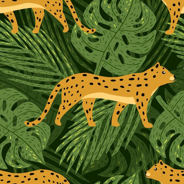 Cute leopards and tropical leaves seamless pattern Jaguar in rainforest wallpaper Cheetah and palm leaves endless background