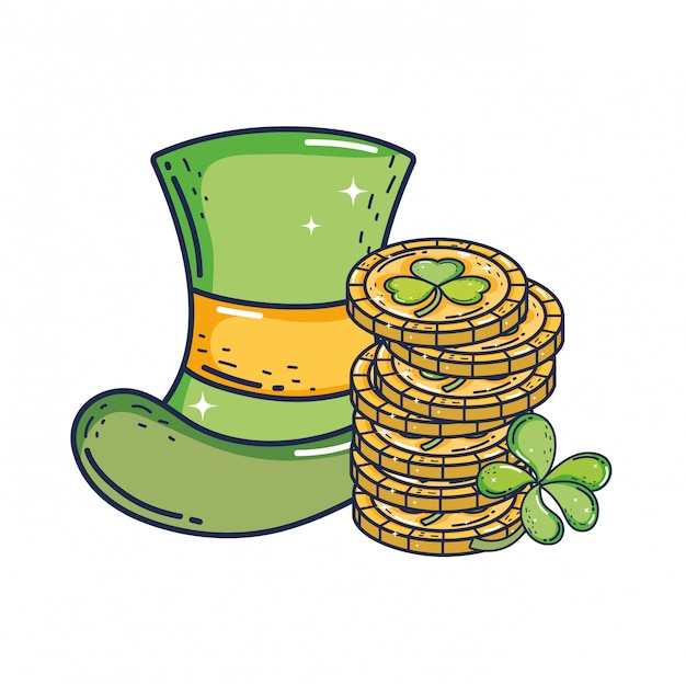 Vector cute leprechaun hat with clovers coins