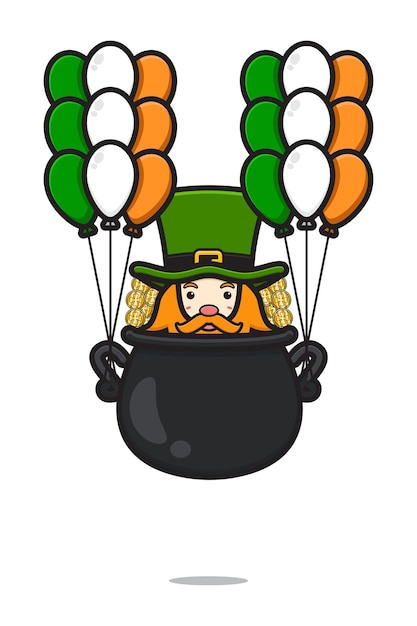 Cute leprechaun saint patrick day character flying with balloon cartoon vector icon illustration